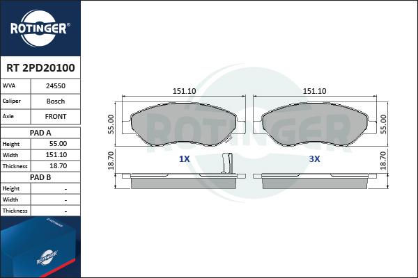 Rotinger RT 2PD20100 - Kit de plaquettes de frein, frein à disque cwaw.fr