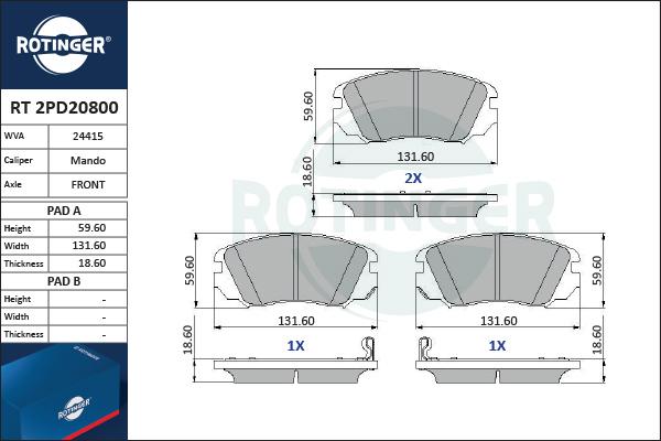 Rotinger RT 2PD20800 - Kit de plaquettes de frein, frein à disque cwaw.fr