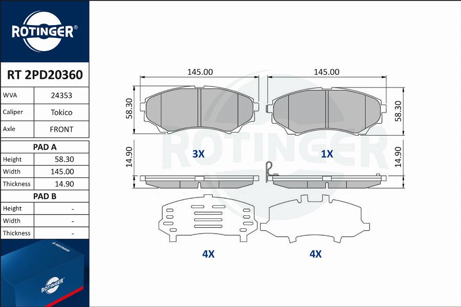 Rotinger RT 2PD20360 - Kit de plaquettes de frein, frein à disque cwaw.fr