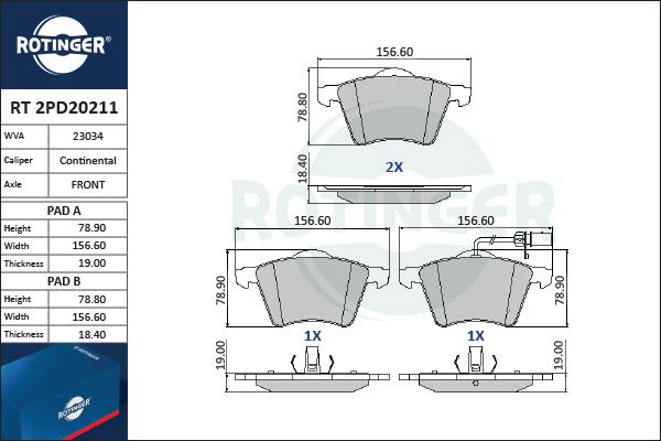 Rotinger RT 2PD20211 - Kit de plaquettes de frein, frein à disque cwaw.fr