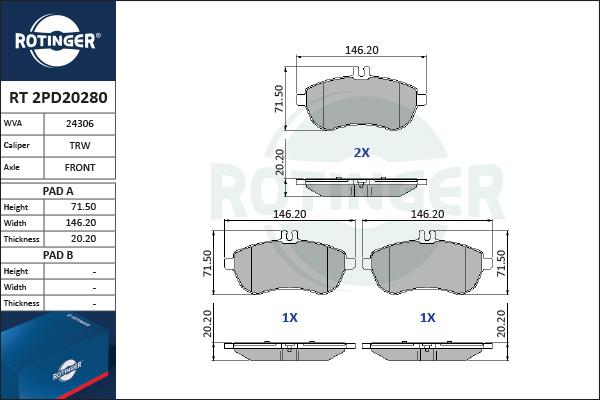 Rotinger RT 2PD20280 - Kit de plaquettes de frein, frein à disque cwaw.fr