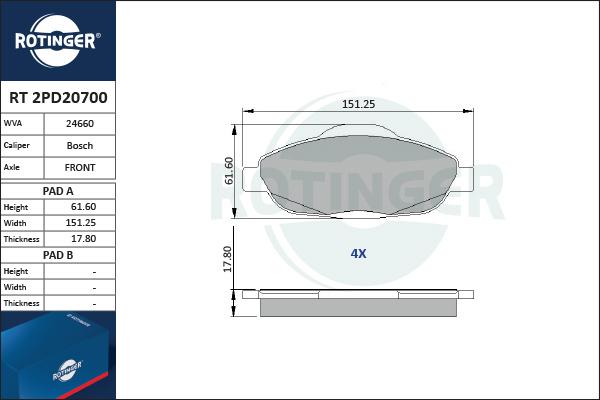 Rotinger RT 2PD20700 - Kit de plaquettes de frein, frein à disque cwaw.fr