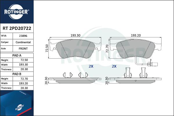 Rotinger RT 2PD20722 - Kit de plaquettes de frein, frein à disque cwaw.fr