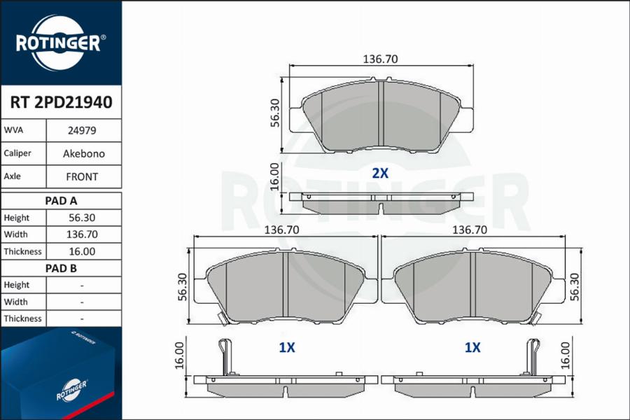 Rotinger RT 2PD21940 - Kit de plaquettes de frein, frein à disque cwaw.fr