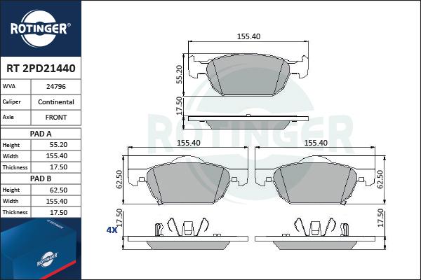 Rotinger RT 2PD21440 - Kit de plaquettes de frein, frein à disque cwaw.fr