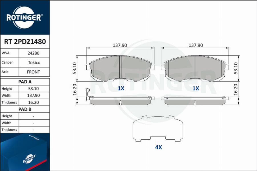 Rotinger RT 2PD21480 - Kit de plaquettes de frein, frein à disque cwaw.fr