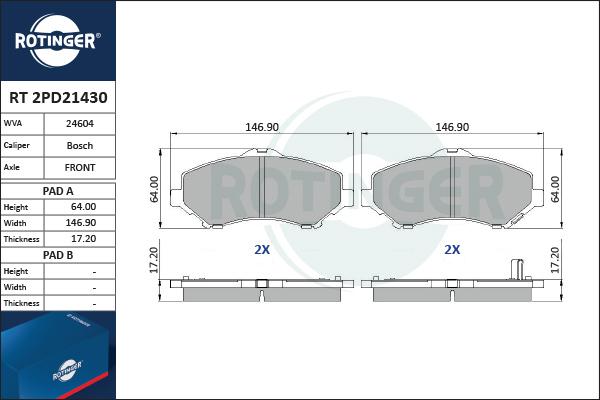 Rotinger RT 2PD21430 - Kit de plaquettes de frein, frein à disque cwaw.fr