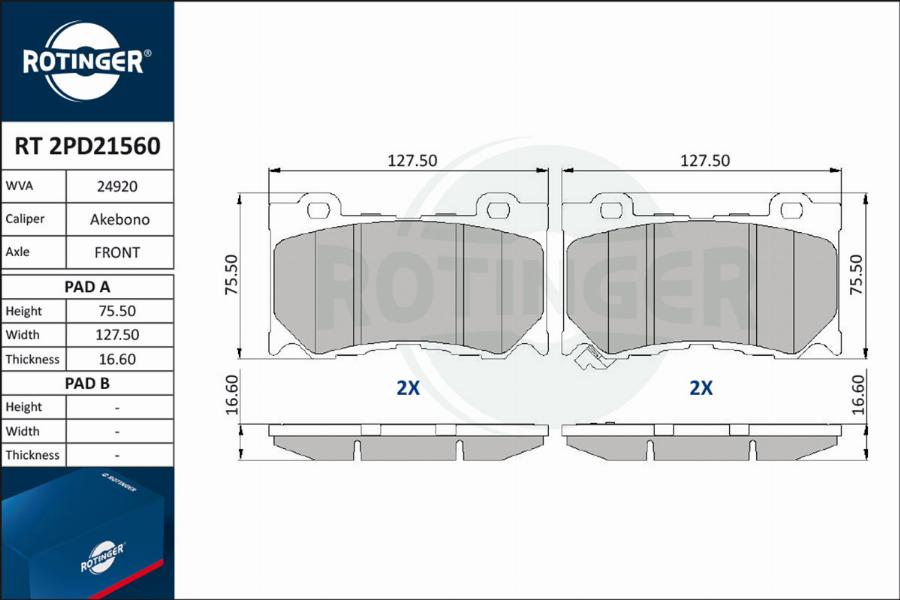 Rotinger RT 2PD21560 - Kit de plaquettes de frein, frein à disque cwaw.fr