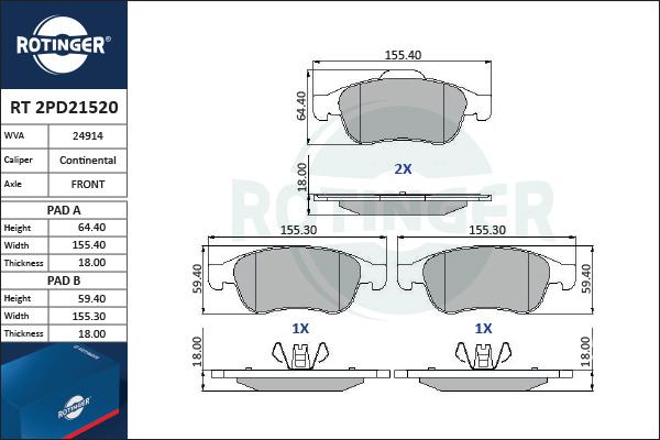 Rotinger RT 2PD21520 - Kit de plaquettes de frein, frein à disque cwaw.fr