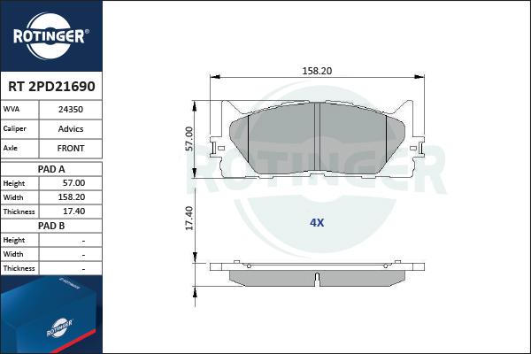 Rotinger RT 2PD21690 - Kit de plaquettes de frein, frein à disque cwaw.fr