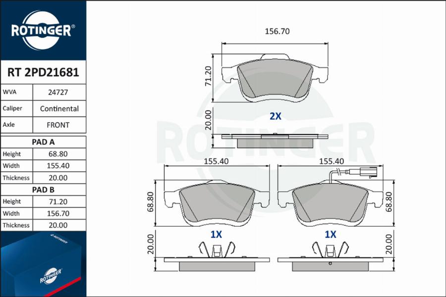 Rotinger RT 2PD21681 - Kit de plaquettes de frein, frein à disque cwaw.fr