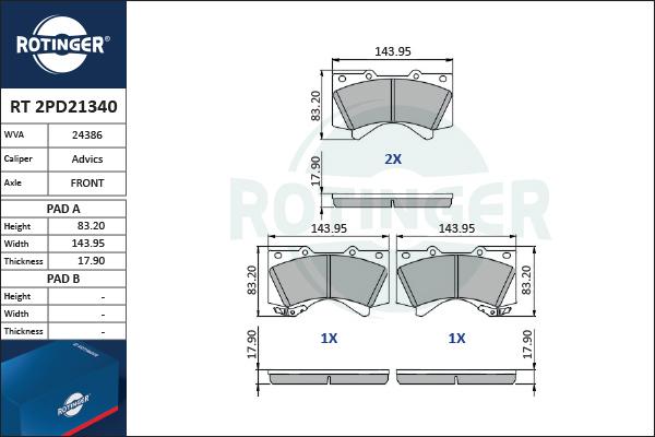 Rotinger RT 2PD21340 - Kit de plaquettes de frein, frein à disque cwaw.fr