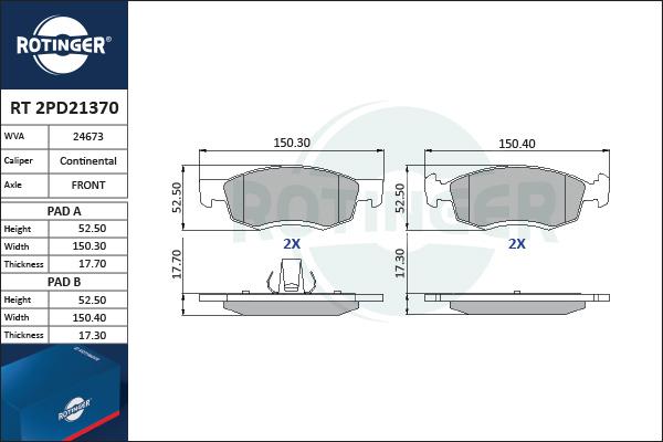 Rotinger RT 2PD21370 - Kit de plaquettes de frein, frein à disque cwaw.fr