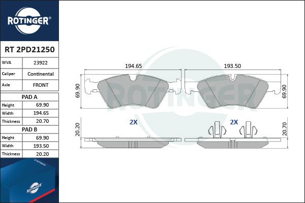 Rotinger RT 2PD21250 - Kit de plaquettes de frein, frein à disque cwaw.fr