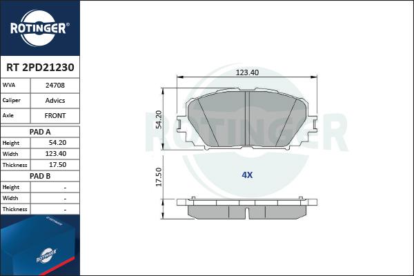 Rotinger RT 2PD21230 - Kit de plaquettes de frein, frein à disque cwaw.fr