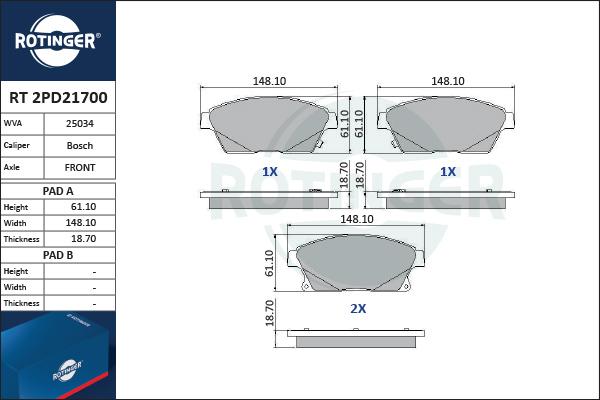 Rotinger RT 2PD21700 - Kit de plaquettes de frein, frein à disque cwaw.fr