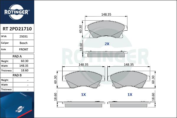 Rotinger RT 2PD21710 - Kit de plaquettes de frein, frein à disque cwaw.fr