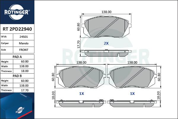 Rotinger RT 2PD22940 - Kit de plaquettes de frein, frein à disque cwaw.fr