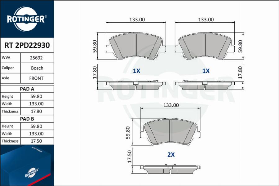 Rotinger RT 2PD22930 - Kit de plaquettes de frein, frein à disque cwaw.fr