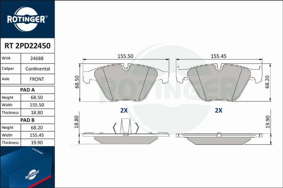 Rotinger RT 2PD22450 - Kit de plaquettes de frein, frein à disque cwaw.fr