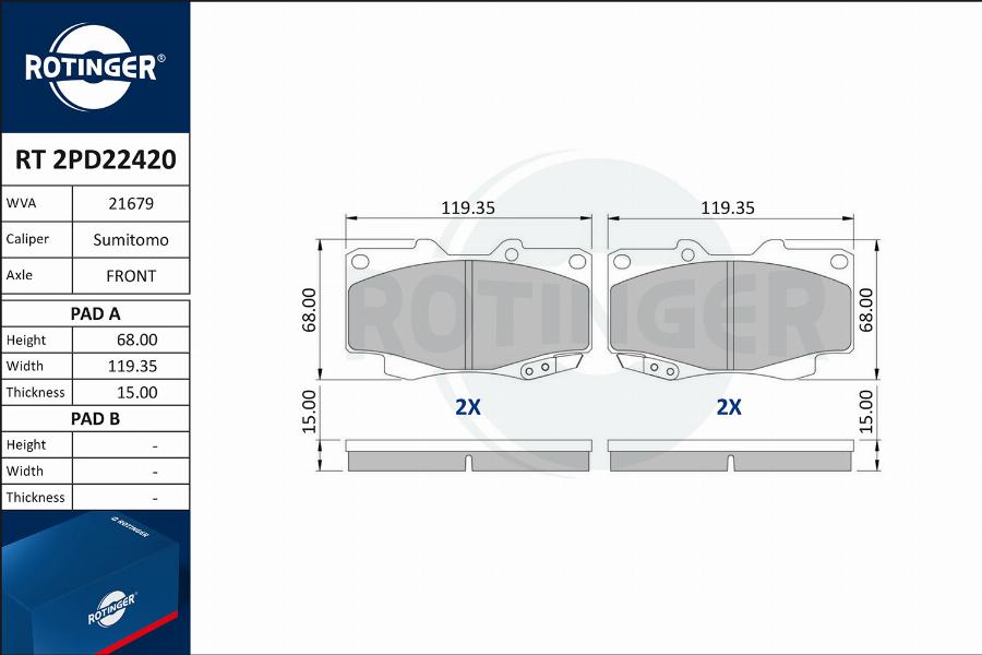 Rotinger RT 2PD22420 - Kit de plaquettes de frein, frein à disque cwaw.fr