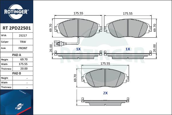 Rotinger RT 2PD22501 - Kit de plaquettes de frein, frein à disque cwaw.fr