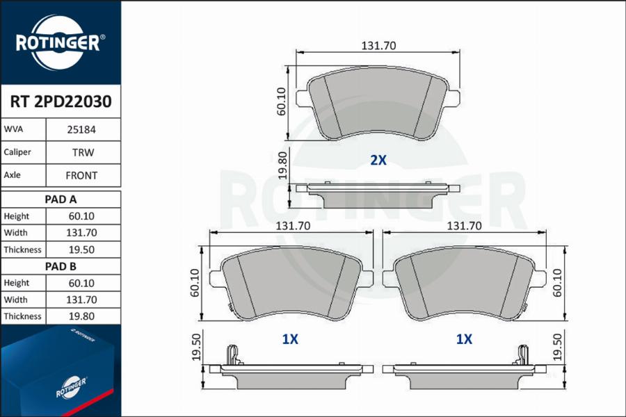 Rotinger RT 2PD22030 - Kit de plaquettes de frein, frein à disque cwaw.fr