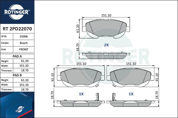 Rotinger RT 2PD22070 - Kit de plaquettes de frein, frein à disque cwaw.fr