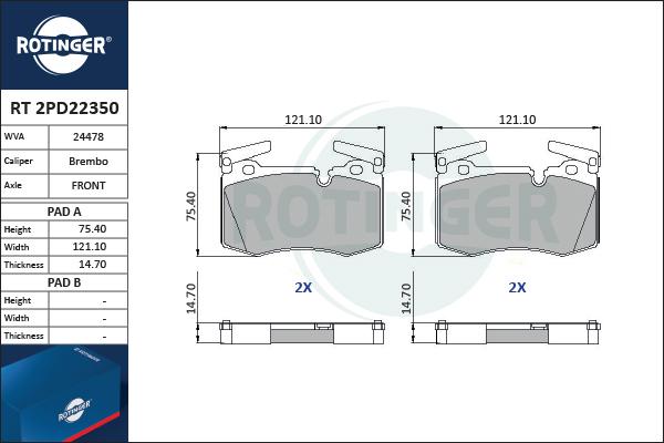 Rotinger RT 2PD22350 - Kit de plaquettes de frein, frein à disque cwaw.fr