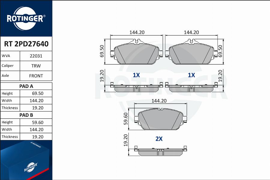 Rotinger RT 2PD27640 - Kit de plaquettes de frein, frein à disque cwaw.fr