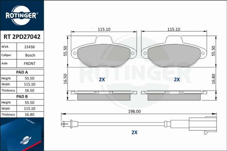 Rotinger RT 2PD27042 - Kit de plaquettes de frein, frein à disque cwaw.fr