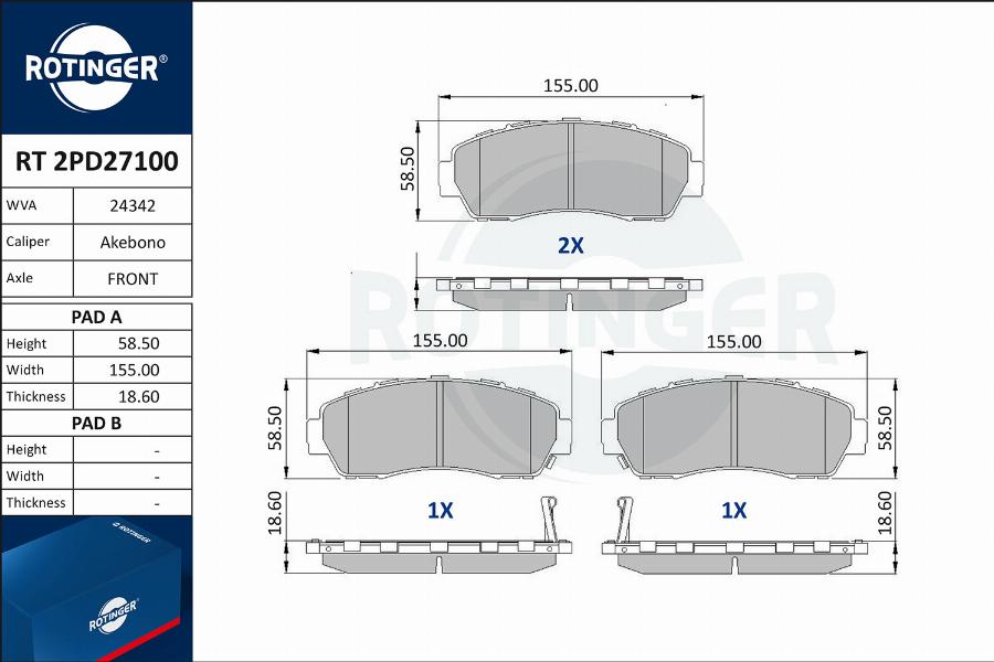 Rotinger RT 2PD27100 - Kit de plaquettes de frein, frein à disque cwaw.fr