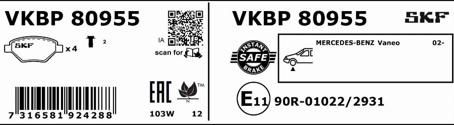 SKF VKBP 80955 - Kit de plaquettes de frein, frein à disque cwaw.fr