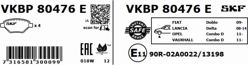 SKF VKBP 80476 E - Kit de plaquettes de frein, frein à disque cwaw.fr