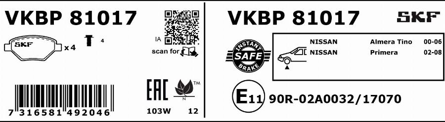 SKF VKBP 81017 - Kit de plaquettes de frein, frein à disque cwaw.fr