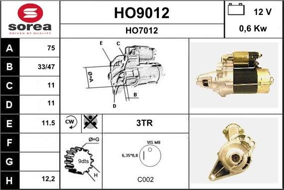 SNRA HO9012 - Démarreur cwaw.fr