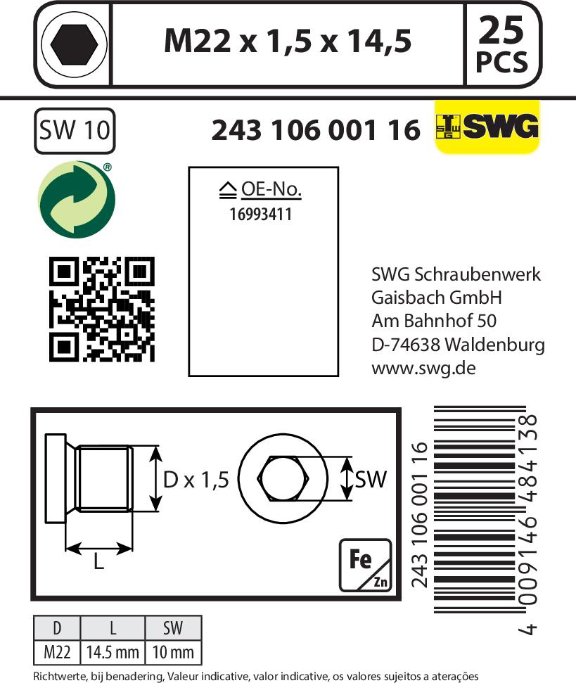 SWGAutomotive 243 001 003 16 - Vis-bouchon, carter d'huile cwaw.fr