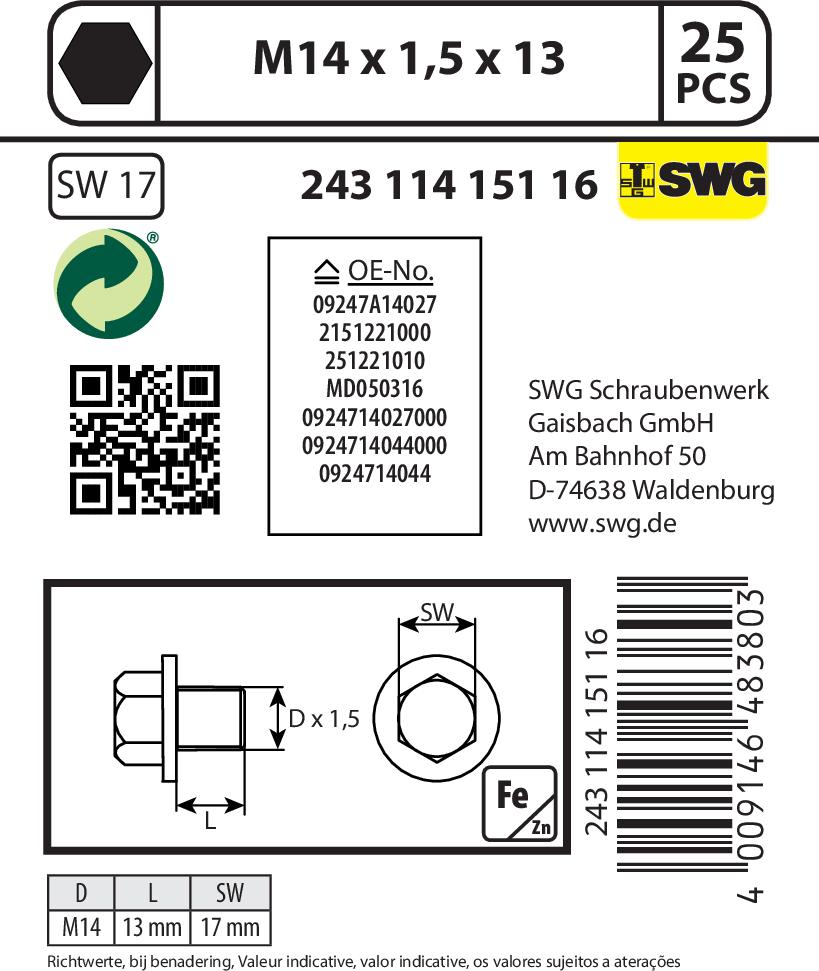 SWGAutomotive 243 001 015 16 - Vis-bouchon, carter d'huile cwaw.fr