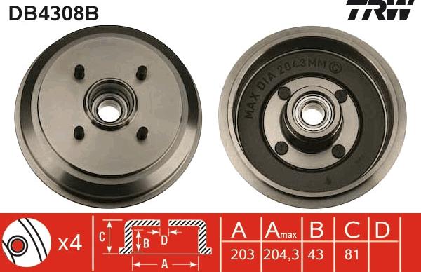 TRW DB4308B - Tambour de frein cwaw.fr