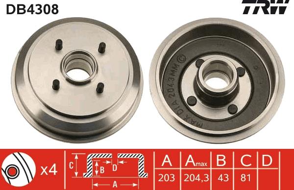 TRW DB4308 - Tambour de frein cwaw.fr