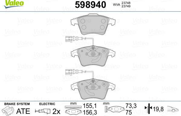 Valeo 598940 - Kit de plaquettes de frein, frein à disque cwaw.fr