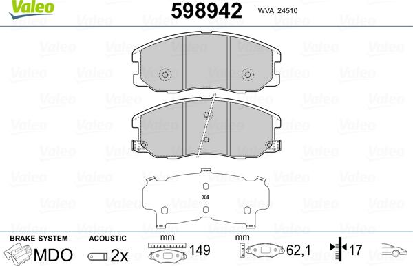 Valeo 598942 - Kit de plaquettes de frein, frein à disque cwaw.fr