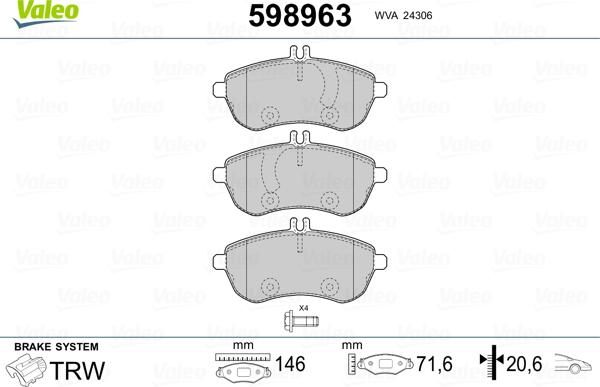 Valeo 598963 - Kit de plaquettes de frein, frein à disque cwaw.fr