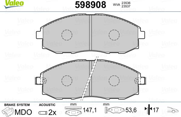 Valeo 598908 - Kit de plaquettes de frein, frein à disque cwaw.fr