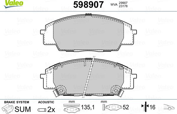 Valeo 598907 - Kit de plaquettes de frein, frein à disque cwaw.fr