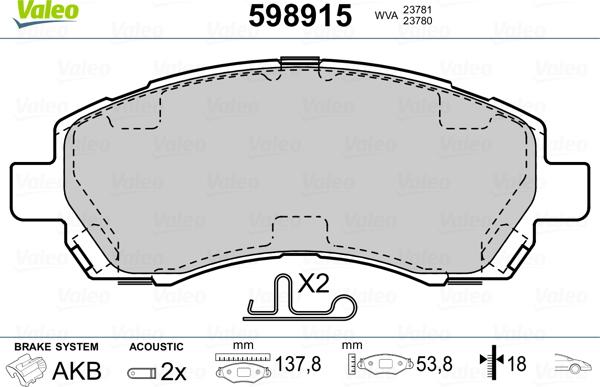 Valeo 598915 - Kit de plaquettes de frein, frein à disque cwaw.fr