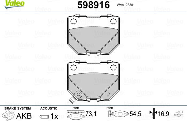 Valeo 598916 - Kit de plaquettes de frein, frein à disque cwaw.fr