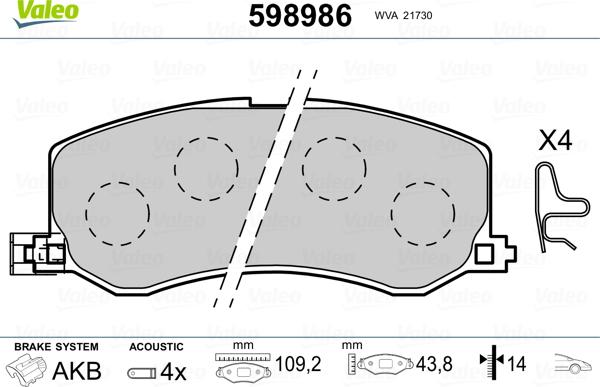 Valeo 598986 - Kit de plaquettes de frein, frein à disque cwaw.fr