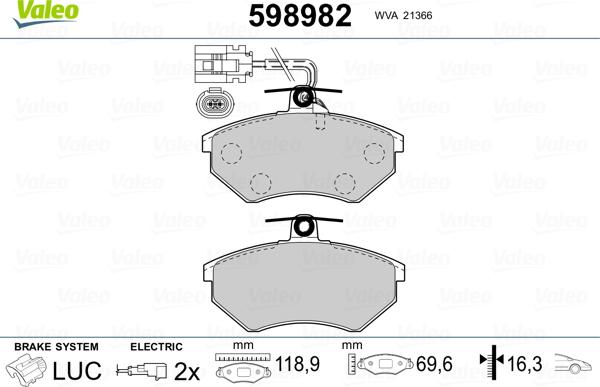 Valeo 598982 - Kit de plaquettes de frein, frein à disque cwaw.fr