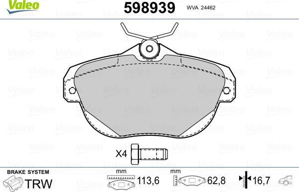 Valeo 598939 - Kit de plaquettes de frein, frein à disque cwaw.fr